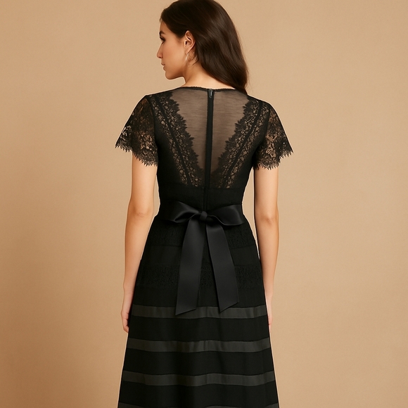 JS Collections Black Lace V-Neck Fit & Flare Dress - Size 4 - Picture 2 of 6